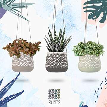 3 Pack Hanging Planter for Indoor Plants, White Concrete Pots, Round Air Succulent Holder Container,...