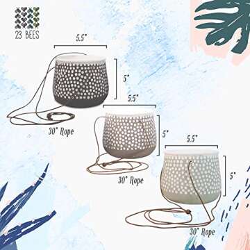3 Pack Hanging Planter for Indoor Plants, White Concrete Pots, Round Air Succulent Holder Container, Cactus Pot with Rope Hanger, 23 Bees (3, Shades of Nature)