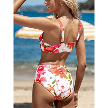 CUPSHE Women Bikini Sets Cover Up 3 Piece Swimsuit Floral Kimono Triangle Top Knotted Front High Waisted Bottom M