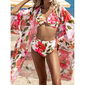 CUPSHE Women Bikini Sets Cover Up 3 Piece Swimsuit Floral Kimono Triangle Top Knotted Front High Waisted Bottom M