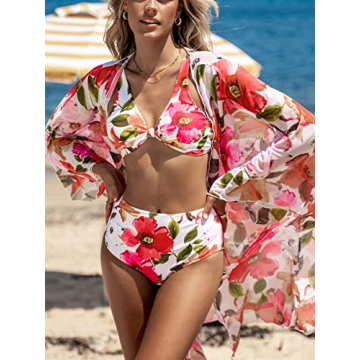 CUPSHE Women Bikini Sets Cover Up 3 Piece Swimsuit Floral Kimono Triangle Top Knotted Front High Waisted Bottom M