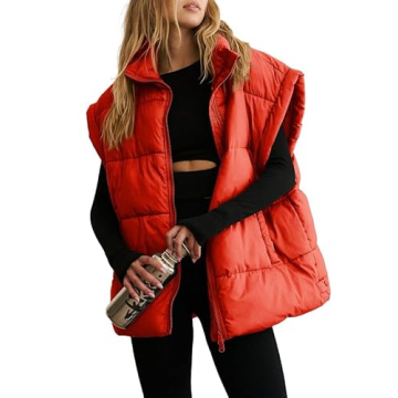 Dokotoo Womens Oversized Red Puffer Vest Warm Stand Collar Casual Zip Padded Vest Sleeveless Outerwe...