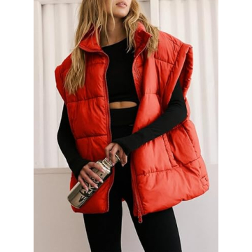 Dokotoo Womens Oversized Red Puffer Vest Warm Stand Collar Casual Zip Padded Vest Sleeveless Outerwear Jacket Winter Coats for Women Quilted Vest with Pockets X-Large