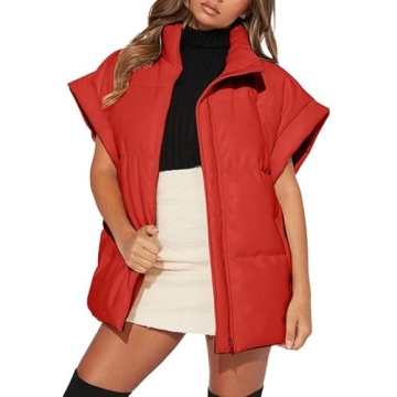 Dokotoo Womens Oversized Red Puffer Vest Warm Stand Collar Casual Zip Padded Vest Sleeveless Outerwear Jacket Winter Coats for Women Quilted Vest with Pockets X-Large