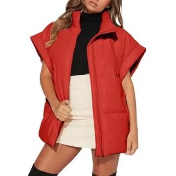 Dokotoo Womens Oversized Red Puffer Vest Warm Stand Collar Casual Zip Padded Vest Sleeveless Outerwear Jacket Winter Coats for Women Quilted Vest with Pockets X-Large
