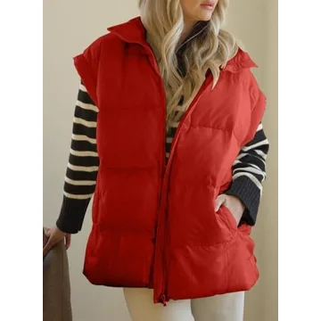 Dokotoo Womens Oversized Red Puffer Vest Warm Stand Collar Casual Zip Padded Vest Sleeveless Outerwear Jacket Winter Coats for Women Quilted Vest with Pockets X-Large