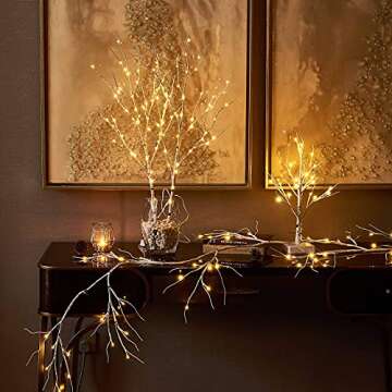 Hairui Birch Garland with Lights 6FT 48 LED Battery Operated, Lighted Twig Vine with Timer for Christmas Home Fireplace Decoration Indoor Outdoor Use