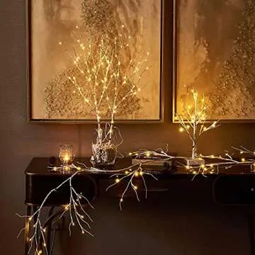Hairui Birch Garland with Lights 6FT 48 LED Battery Operated, Lighted Twig Vine with Timer for Christmas Home Fireplace Decoration Indoor Outdoor Use
