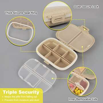 Travel Pill Organizer 8 Compartments Portable Pill Box Pill Case Small Daily Weekly Pill Organizer Container Medicine Container for Pocket (Khaki)