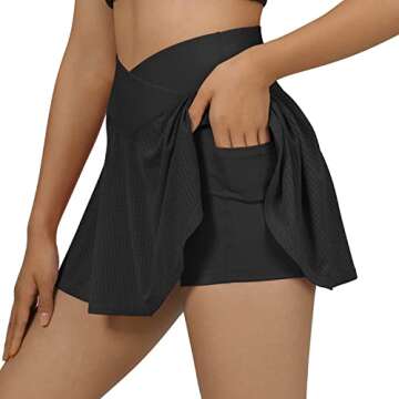 RUUHEE Women Crossover Pleated Tennis Skirt with Pockets Lightweight Running Golf Sports Skorts(Medium,Black-3)