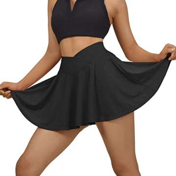 RUUHEE Women Crossover Pleated Tennis Skirt with Pockets Lightweight Running Golf Sports Skorts(Medium,Black-3)