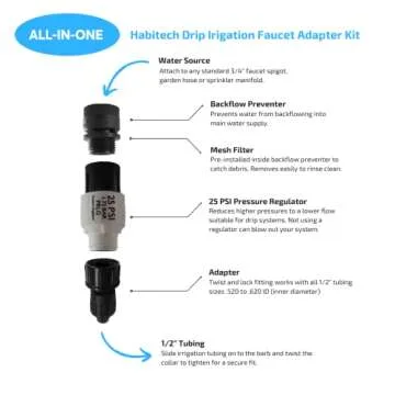 Habitech Drip Irrigation Faucet Adapter Kit: Connect 1/2" Tubing to Faucet or Hose, Backflow Prevent...