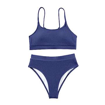 Lilosy High Waisted Tummy Control Bikini Ribbed Sporty Brazilian Swimsuit Set Women Highwaisted Cheeky Cut Leg Rise Bottom Crop Push Up Top 2 Piece Bathing Suit Navy Blue Large