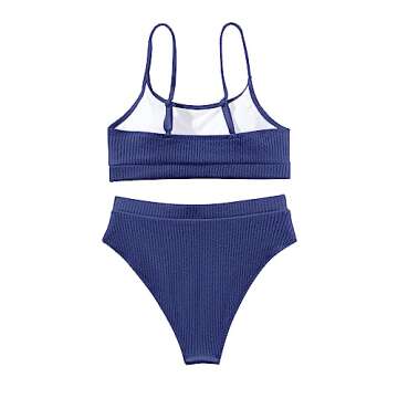 Lilosy High Waisted Tummy Control Bikini Ribbed Sporty Brazilian Swimsuit Set Women Highwaisted Cheeky Cut Leg Rise Bottom Crop Push Up Top 2 Piece Bathing Suit Navy Blue Large