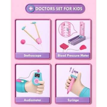 Lehoo Castle Kids Doctor Set Pink, Toddler Girl Toys 3-5, Wooden Doctor Kit , Pretend Play Medical Set with Stethoscope, Gift for Kids Toddlers Ages 3 4 5 6 Year Old