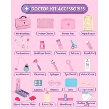 Lehoo Castle Kids Doctor Set Pink, Toddler Girl Toys 3-5, Wooden Doctor Kit , Pretend Play Medical Set with Stethoscope, Gift for Kids Toddlers Ages 3 4 5 6 Year Old