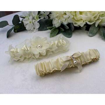 Lillian Rose Ivory Chiffon Flower Satin Garter Set for Brides
