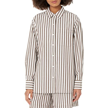 The Drop Women's Kendra Loose Fit Long Shirt, Coffee Bean Stripe, L
