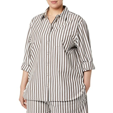 The Drop Women's Kendra Loose Fit Long Shirt, Coffee Bean Stripe, L