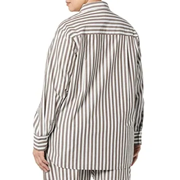 The Drop Women's Kendra Loose Fit Long Shirt, Coffee Bean Stripe, L
