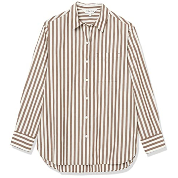 The Drop Women's Kendra Loose Fit Long Shirt, Coffee Bean Stripe, L