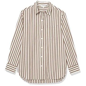 The Drop Women's Kendra Loose Fit Long Shirt, Coffee Bean Stripe, L