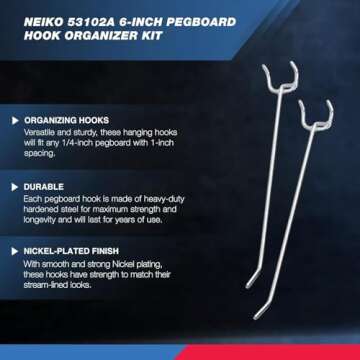 Neiko 53102A 6” Pegboard Hook Organizer Kit, 50 Pack, Hanging Hooks Set for Garage Organization, G...