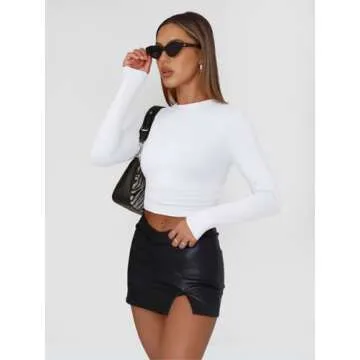 Trendy Queen Womens Long Sleeve Shirts Basic Tees Crop Tops Going Out Spring 2025 Workout Outfits Y2k Clothes White 2XL