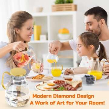 DUJUST Glass Pitcher with Golden Lid & Spout (68 oz), Elegant Diamond Design Water Pitcher with Hand...