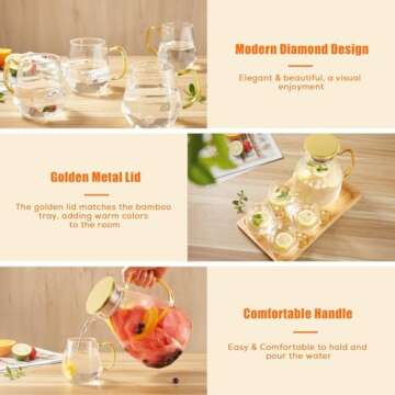 DUJUST Glass Pitcher with Golden Lid & Spout (68 oz), Elegant Diamond Design Water Pitcher with Handle, High Durability Glass Jug for Fridge, Glass Carafe for Iced Tea/Juice/Beverage/Coffee/Drinks