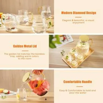 DUJUST Glass Pitcher with Golden Lid & Spout (68 oz), Elegant Diamond Design Water Pitcher with Handle, High Durability Glass Jug for Fridge, Glass Carafe for Iced Tea/Juice/Beverage/Coffee/Drinks