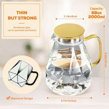 DUJUST Glass Pitcher with Golden Lid & Spout (68 oz), Elegant Diamond Design Water Pitcher with Handle, High Durability Glass Jug for Fridge, Glass Carafe for Iced Tea/Juice/Beverage/Coffee/Drinks