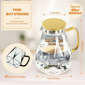 DUJUST Glass Pitcher with Golden Lid & Spout (68 oz), Elegant Diamond Design Water Pitcher with Handle, High Durability Glass Jug for Fridge, Glass Carafe for Iced Tea/Juice/Beverage/Coffee/Drinks