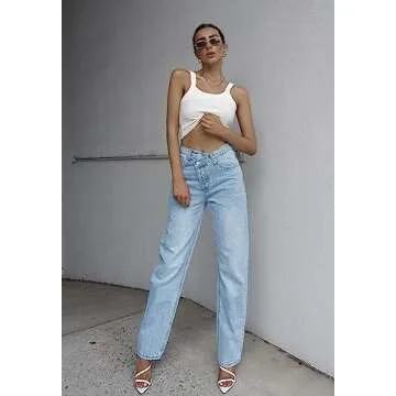 PLNOTME Women's Low Waisted Jeans Trendy Straight Leg Boyfriend Crossover Casual Denim Pants Light Blue