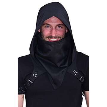 HIBIRETRO Cyberpunk Rogue Cowl Hood Scarf, Winter Unisex Neck Warmer Costume Hooded Cape Hat for Halloween Cosplay and Outdoor Daily Wear (Black)