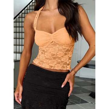 REORIA Women’s Sexy Lace Tank Tops Y2K Trendy Crop Top 2025 Fashion Peach