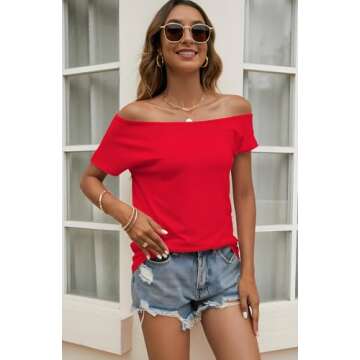Halife Off The Shoulder Short Sleeve Womens Tops Dressy Casual Cute Red Ladies Shirts and Blouses Su...