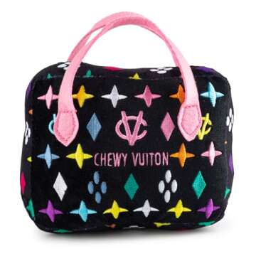 Haute Diggity Dog Black Monogram Chewy Vuiton Handbag, Plush Designer Dog Toys with Interactive Sque...