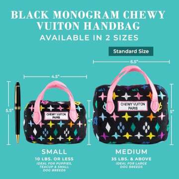Haute Diggity Dog Black Monogram Chewy Vuiton Handbag, Plush Designer Dog Toys with Interactive Squeaker, Stimulating Pet Enrichment, Machine-Washable & Safe Materials for All Breeds, Size Medium