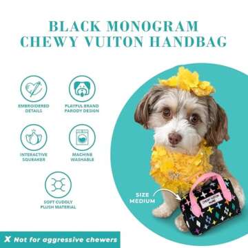 Haute Diggity Dog Black Monogram Chewy Vuiton Handbag, Plush Designer Dog Toys with Interactive Squeaker, Stimulating Pet Enrichment, Machine-Washable & Safe Materials for All Breeds, Size Medium