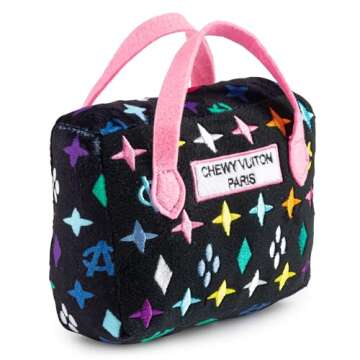 Haute Diggity Dog Black Monogram Chewy Vuiton Handbag, Plush Designer Dog Toys with Interactive Squeaker, Stimulating Pet Enrichment, Machine-Washable & Safe Materials for All Breeds, Size Medium