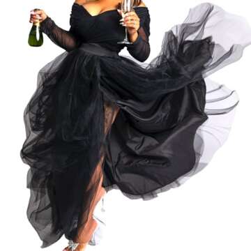 WDPL Women's Long Skirt Gathered Ruffles Tulle Slit Side Evening Party Skirts Medium Black