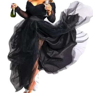 WDPL Women's Long Skirt Gathered Ruffles Tulle Slit Side Evening Party Skirts Medium Black