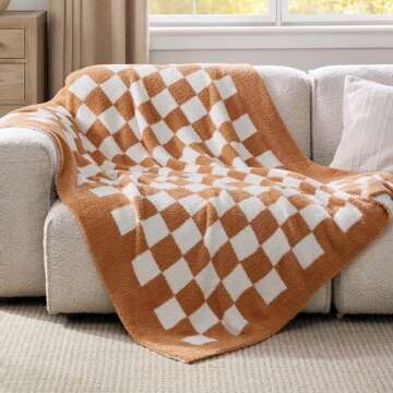 Bedsure Checkered Throw Blanket for Couch - Super Soft, Cozy & Warm Knit Blanket, Breathable, Lightweight & Fluffy for Bed & Sofa, Checkered Camel, 50x60 Inches