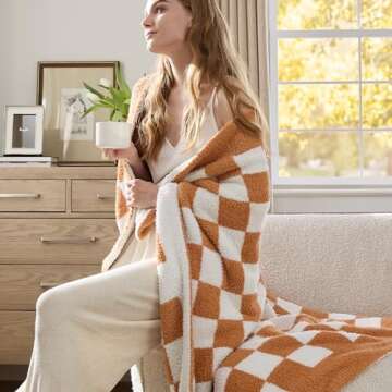 Bedsure Checkered Throw Blanket for Couch - Super Soft, Cozy & Warm Knit Blanket, Breathable, Lightweight & Fluffy for Bed & Sofa, Checkered Camel, 50x60 Inches