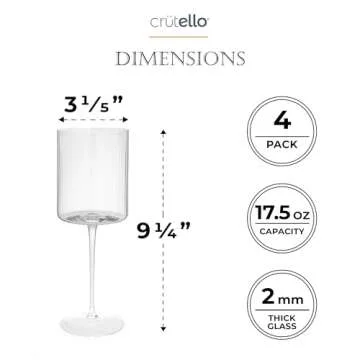 Crutello Square Wine Glasses Set of 4-17.5 oz Unique Fluted Vintage Glasses with Ribbed Texture and ...