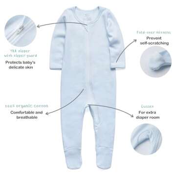 O2 BABY Baby Boys Girls Organic Cotton Zip Front Sleeper Pajamas, Footed Sleep 'n Play（0-3Months, Blue）