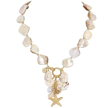 Firstmeet Natural Freshwater Shell Choker With Pearl Starfish Turquoise Pendant Irregular Mother of ...