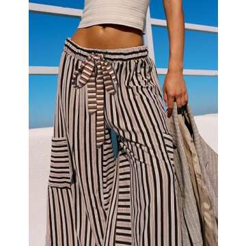 Bankeng Women Drawstring Striped Pants Loose Wide Leg Lounge Pants Casual Palazzo Pants Trousers wit...