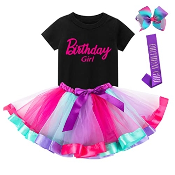 K-Acc Pink Birthday Girl Outfit - Shirt, Tutu Skirt, Hair Bow, Satin Sash - Gifts for Girls Birthday...